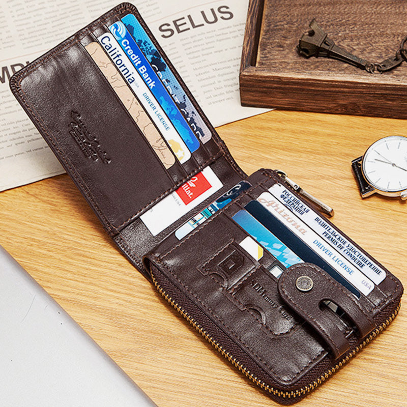 Genuine Leather RFID Blocking Trifold Zip Around Wallet