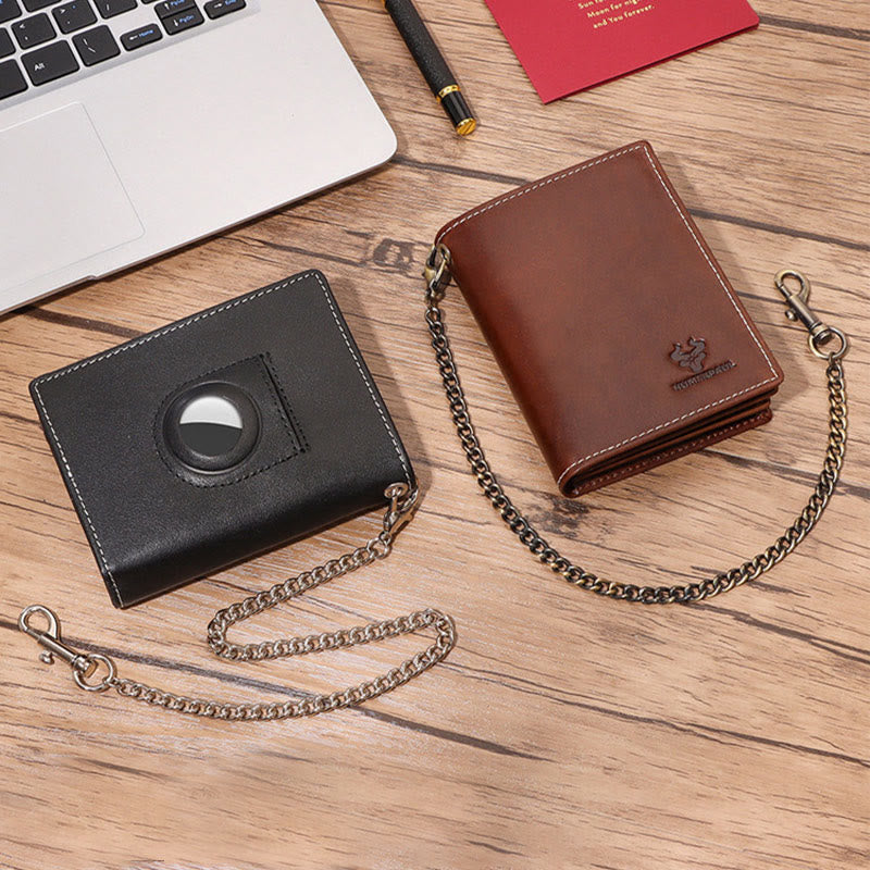 Vertical Wallet RFID Airtag Genuine Leather Gentle Chain Purse For Men