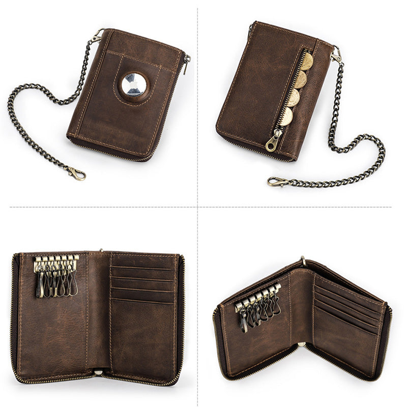 Zip Around Leather Airtag Wallet Apple Wallet with Chain