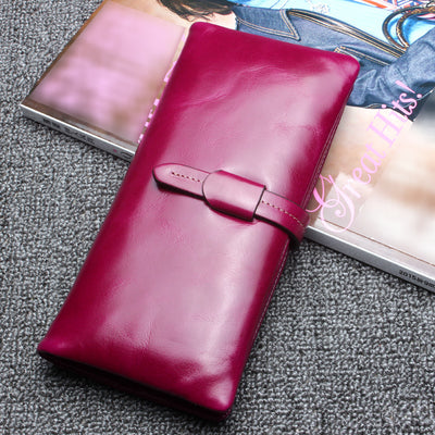 RFID Plain Color Long Wallet Women Oil Wax Leather Purse