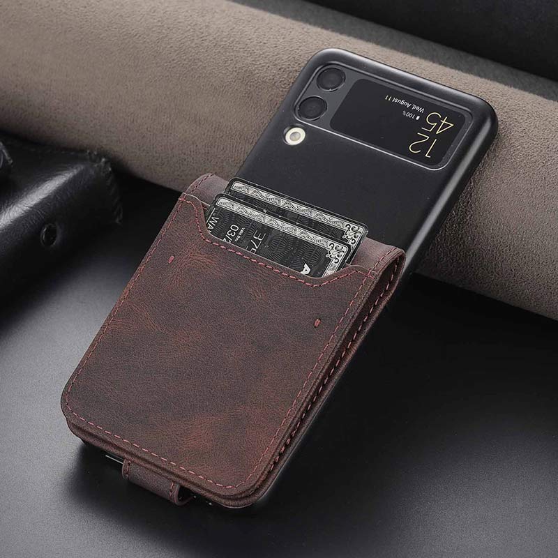 Genuine Leather Phone Holder Wallet Case For Galaxy Z Flip3 / Flip2 With Card Holder