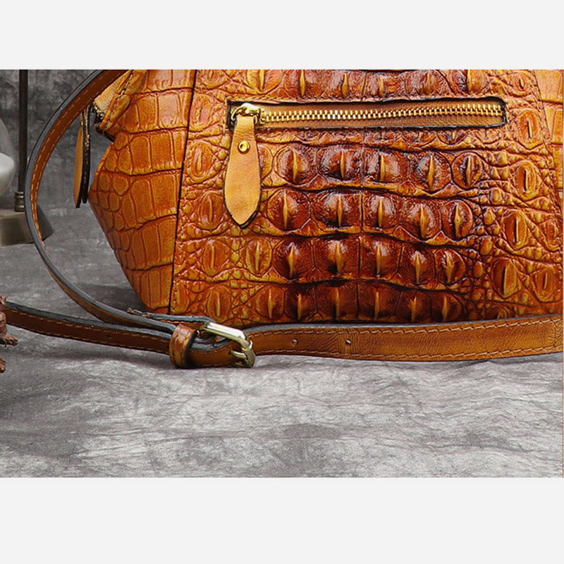 Genuine Leather Alligator Print Handbag Top-Handle Satchel with Crossbody Strap