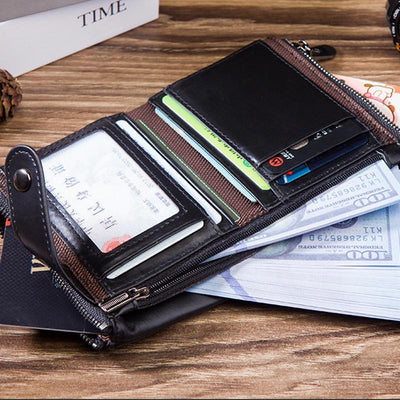 RFID Blocking Double Zip Genuine Leather Retro Wallet