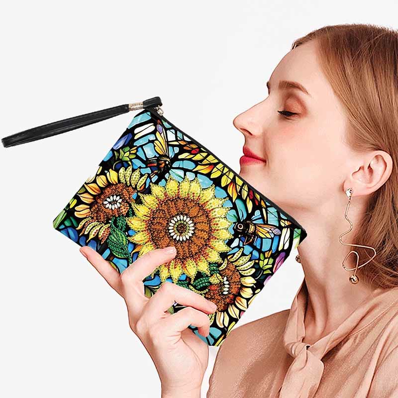 Diamond Coin Purse Zip Wallet DIY Sunflowers Diamond Wristlet Bag