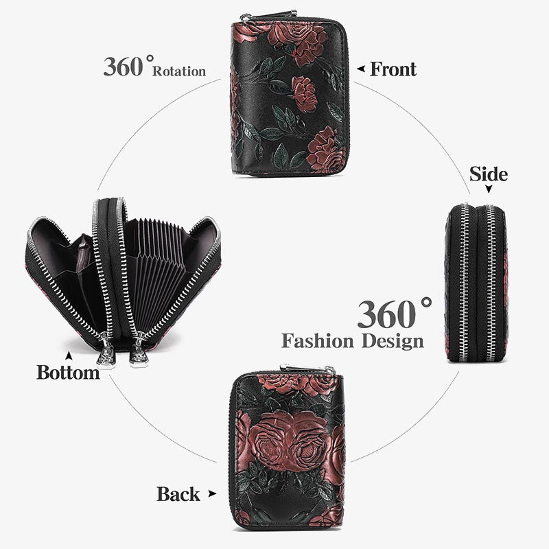 Floral Leather Wallet RFID Accordion Card Bag For Women