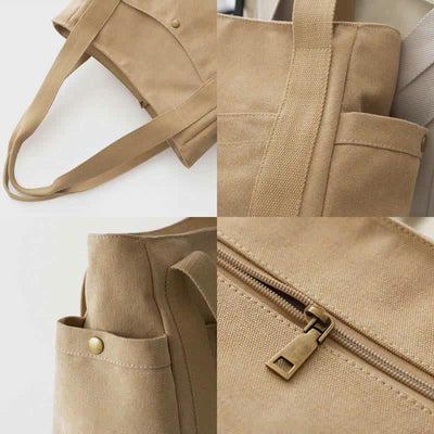 Large Capacity Canvas Shoulder Tote Bag Multiple Pocket Handbag Shopping Bag