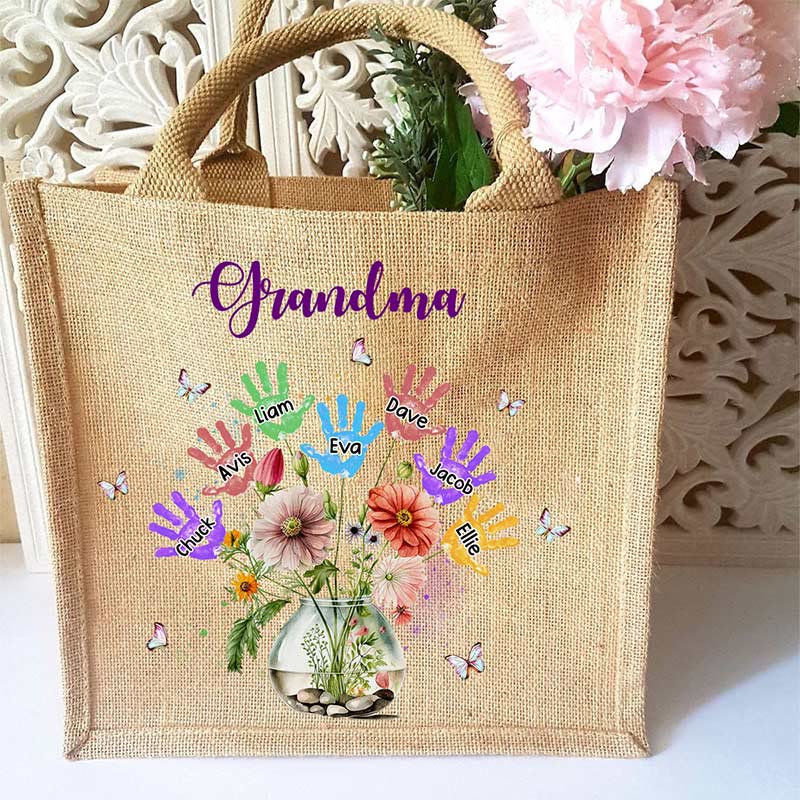 Personalized Handprint Name Jute Tote Bag Large Shopping Travel Beach Handbag