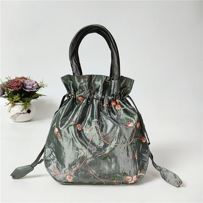 Embroidery Floral Clutch Drawstring Bucket Bag Handbag Party Bag