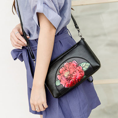 Elegant Crossbody Bag Women Half Round Floral Emblossing Shoulder Bag