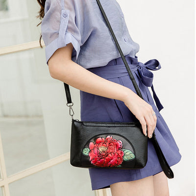 Elegant Crossbody Bag Women Half Round Floral Emblossing Shoulder Bag