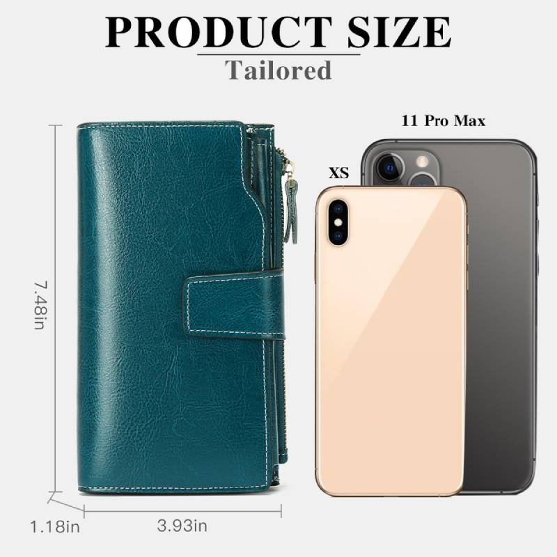 RFID Blocking Long Wallet Oil Wax Leather Phone Purse with Zipper Pocket