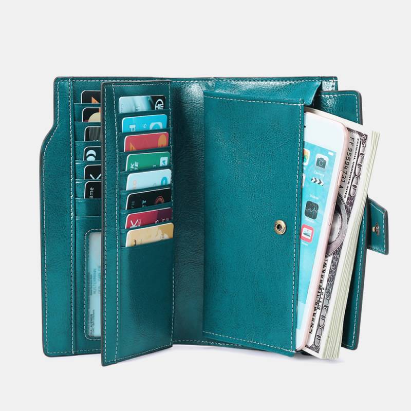 RFID Blocking Long Wallet Oil Wax Leather Phone Purse with Zipper Pocket