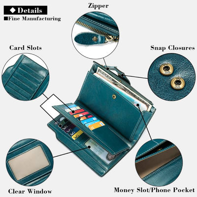 RFID Blocking Long Wallet Oil Wax Leather Phone Purse with Zipper Pocket