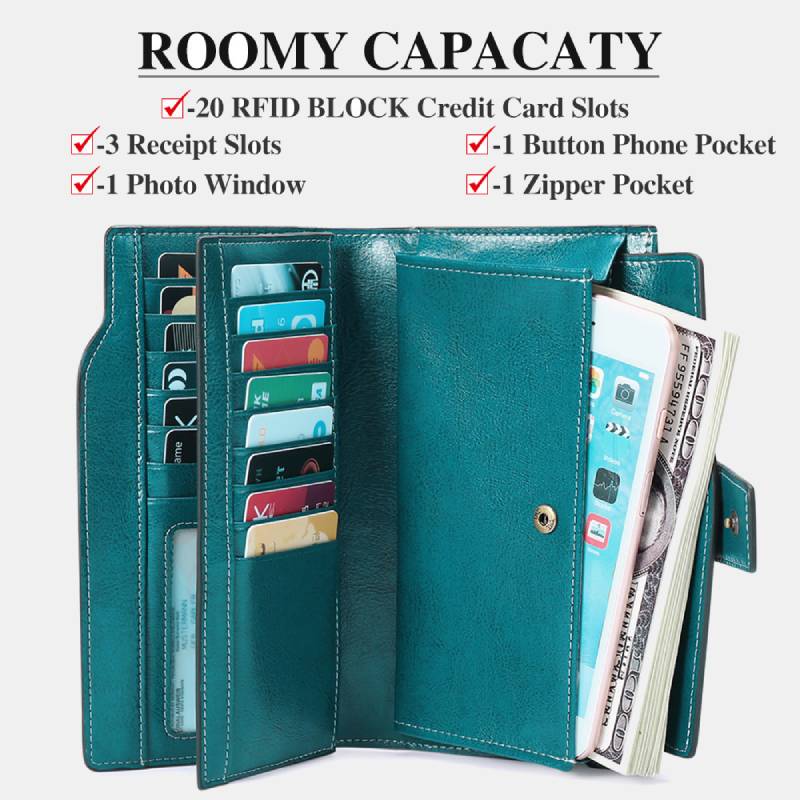 RFID Blocking Long Wallet Oil Wax Leather Phone Purse with Zipper Pocket