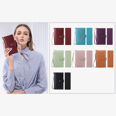 RFID Blocking Checkbook Wallet For Women Minimalist Genuine Leather Wrist Bag