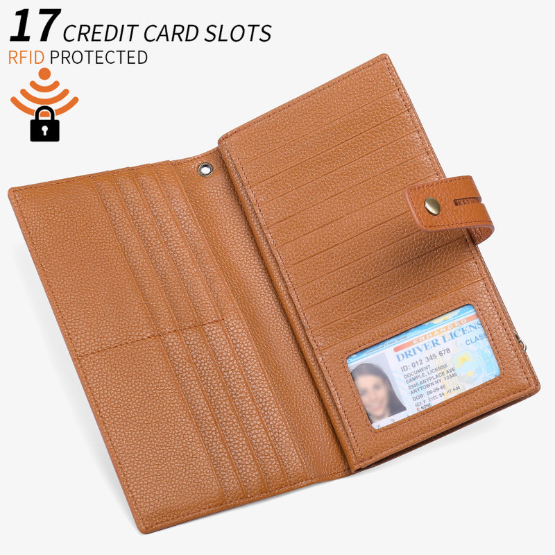 RFID Blocking Checkbook Wallet For Women Minimalist Genuine Leather Wrist Bag