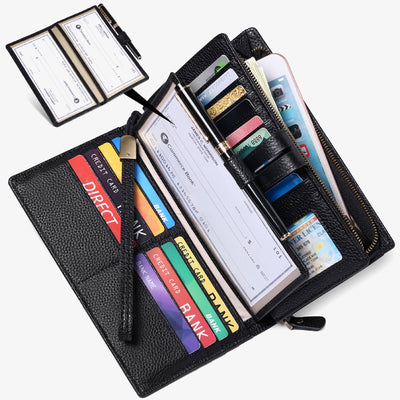 RFID Blocking Checkbook Wallet For Women Minimalist Genuine Leather Wrist Bag