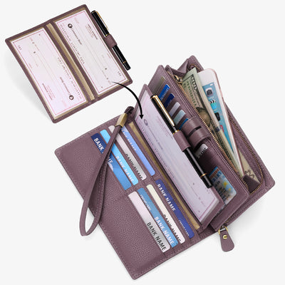 RFID Blocking Checkbook Wallet For Women Minimalist Genuine Leather Wrist Bag