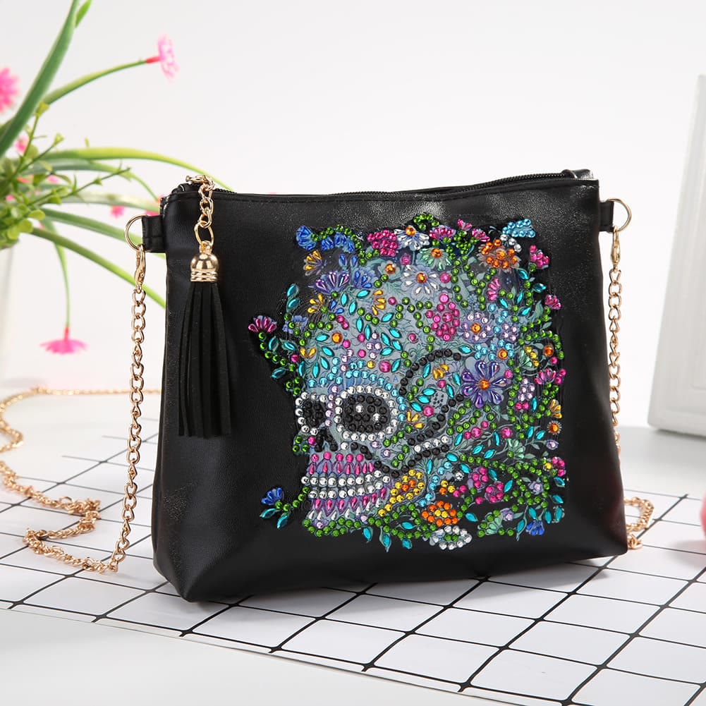 DIY Floral Skull Butterfly Diamond Art Painting Purse Tassel Crossbody Bag