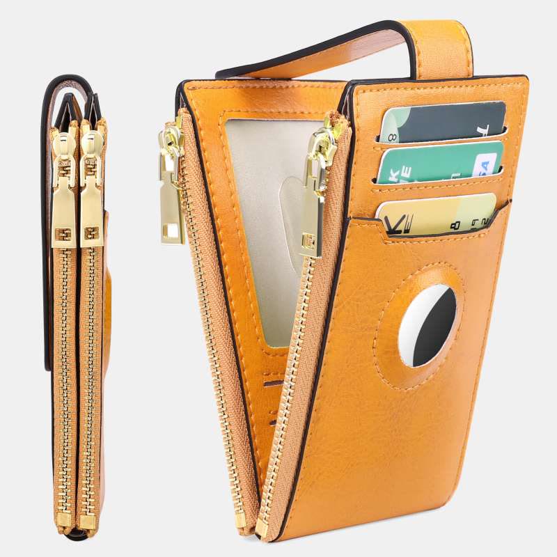 Genuine Leather Bifold Zip Airtag Wallet Apple Wallet RFID Blocking Card Holder