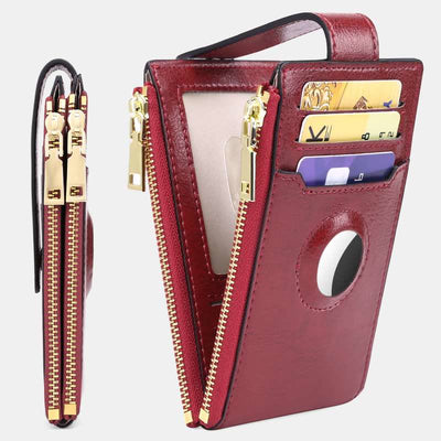 Genuine Leather Bifold Zip Airtag Wallet Apple Wallet RFID Blocking Card Holder