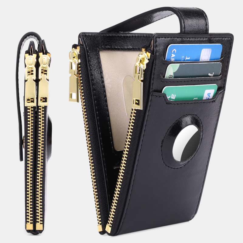 Genuine Leather Bifold Zip Airtag Wallet Apple Wallet RFID Blocking Card Holder