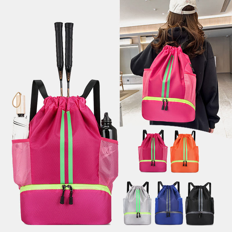 Striped Drawstring Backpack Gym Bag Sport Bag with Shoes Compartment