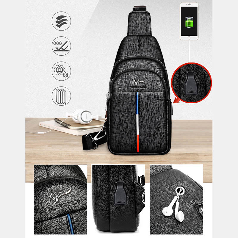 Men's Leather Sling Bag One Shoulder Backpack with USB Charging Port