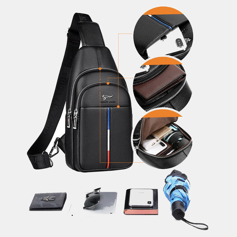 Men's Leather Sling Bag One Shoulder Backpack with USB Charging Port