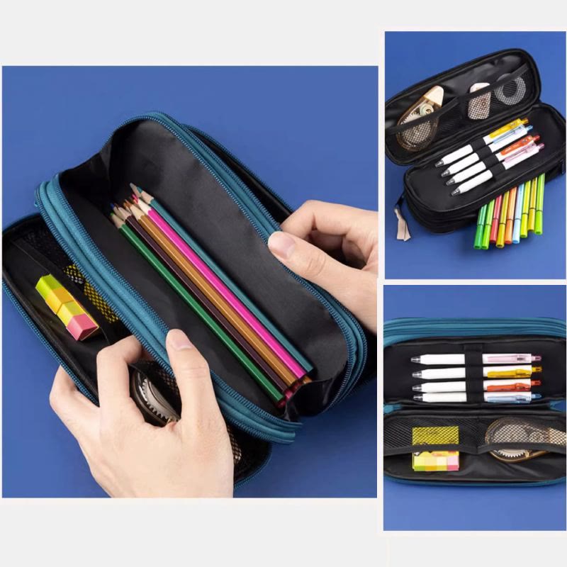 Triple Zip Big Capacity Pencil Case Office College School Pen Pouch