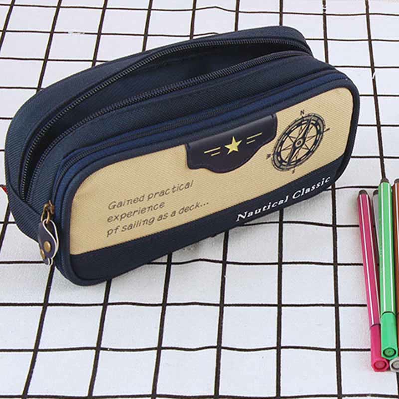 Navy Style Two Zip Pen Pouch Pencil Case for Boys Teens