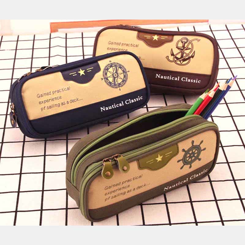 Navy Style Two Zip Pen Pouch Pencil Case for Boys Teens