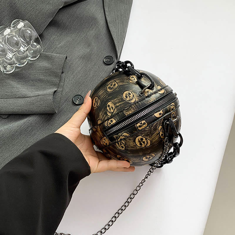 Halloween Party Bag Faux Leather Round Skull Printed Handbag