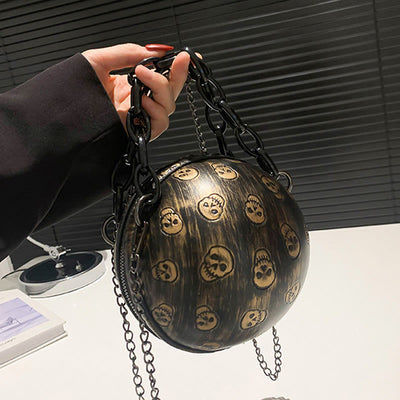 Halloween Party Bag Faux Leather Round Skull Printed Handbag