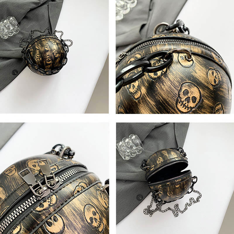 Halloween Party Bag Faux Leather Round Skull Printed Handbag