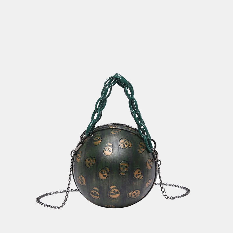 Halloween Party Bag Faux Leather Round Skull Printed Handbag