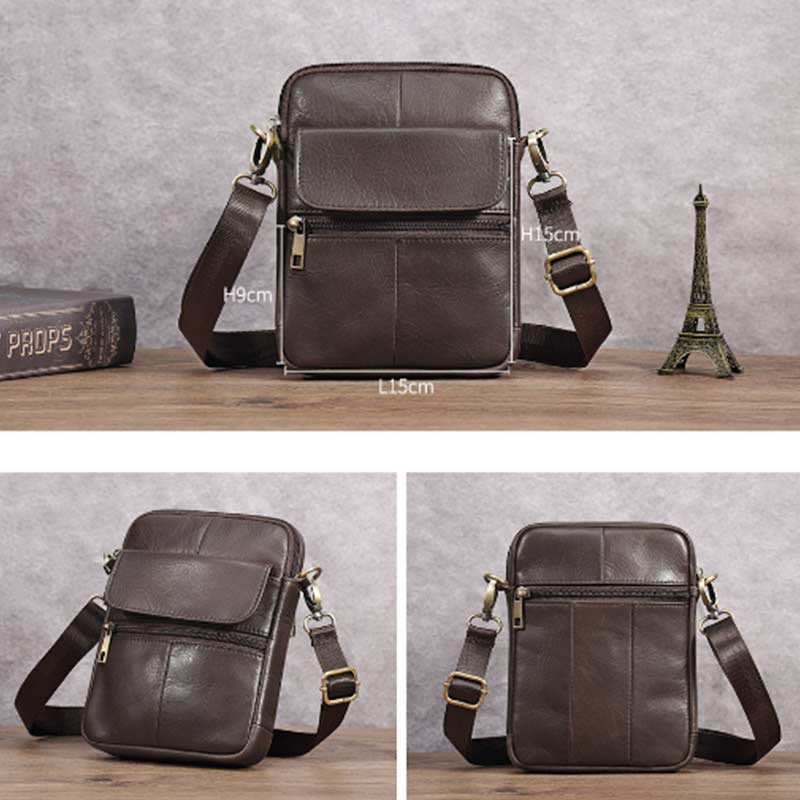 Real Leather Small Messenger Crossbody Bag for Men with Multiple Pockets