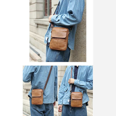 Real Leather Small Messenger Crossbody Bag for Men with Multiple Pockets