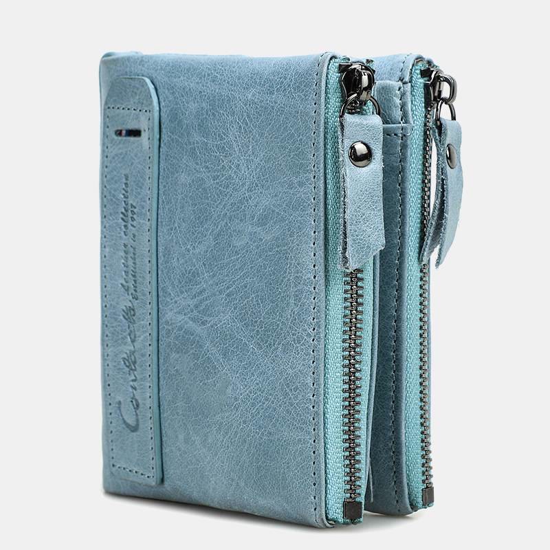 Multifunctional Genuine Leather Double Zipper Wallet