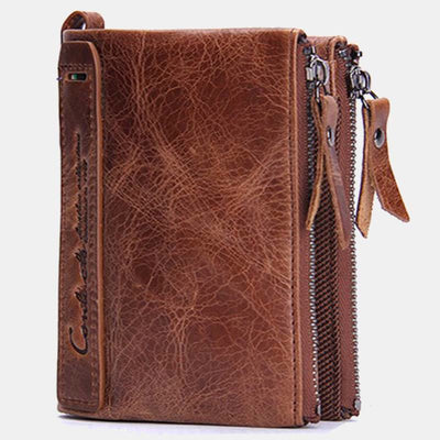 Multifunctional Genuine Leather Double Zipper Wallet