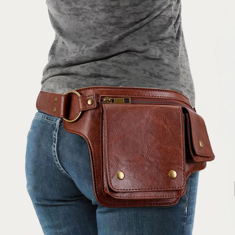 Retro Vegan Leather Waist Bag Travel Daypack Everyday Carry Purse