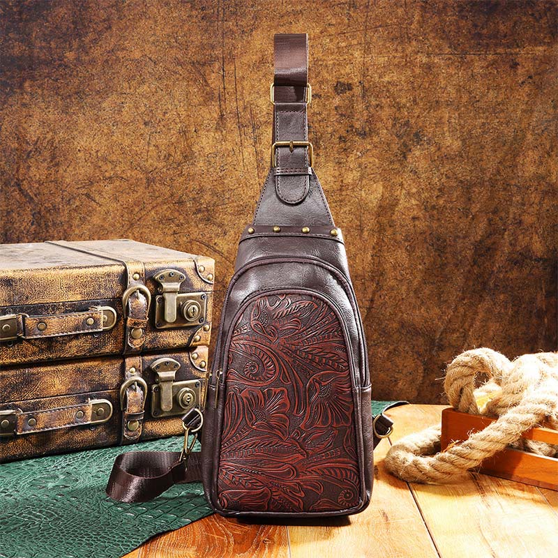 Retro Engraved Pattern Faux Leather Rivet Sling Bag Shoulder Pack