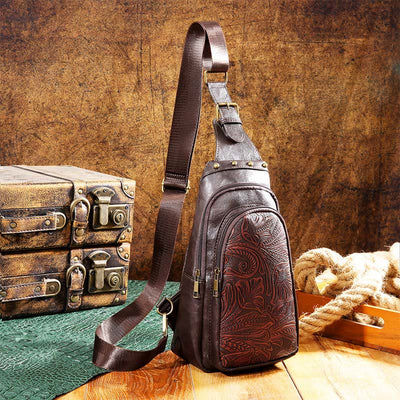 Retro Engraved Pattern Faux Leather Rivet Sling Bag Shoulder Pack