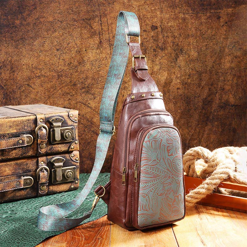 Retro Engraved Pattern Faux Leather Rivet Sling Bag Shoulder Pack