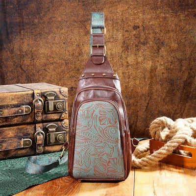 Retro Engraved Pattern Faux Leather Rivet Sling Bag Shoulder Pack