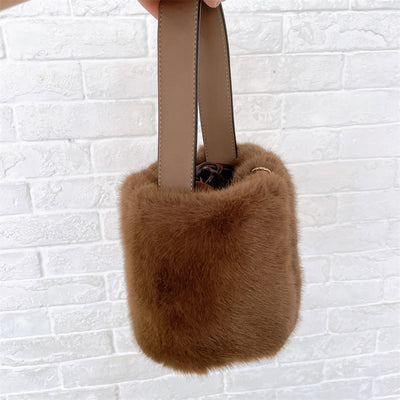 Drawstring Handbag For Women Faux Fur Minimalist Bucket Bag