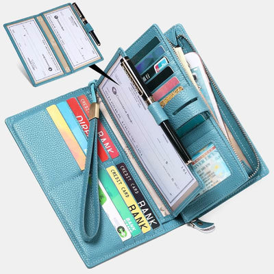 RFID Blocking Checkbook Wallet For Women Minimalist Genuine Leather Wrist Bag