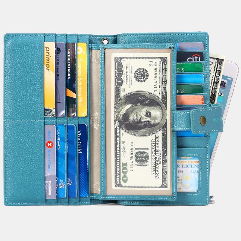 RFID Blocking Checkbook Wallet For Women Minimalist Genuine Leather Wrist Bag