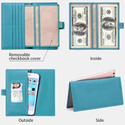 RFID Blocking Checkbook Wallet For Women Minimalist Genuine Leather Wrist Bag