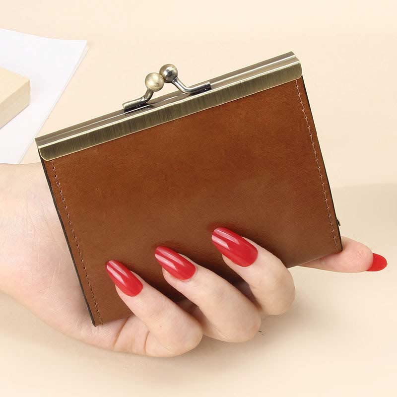 Genuine Leather Small Wallet Kiss Lock Change Coin Purse Card Holder